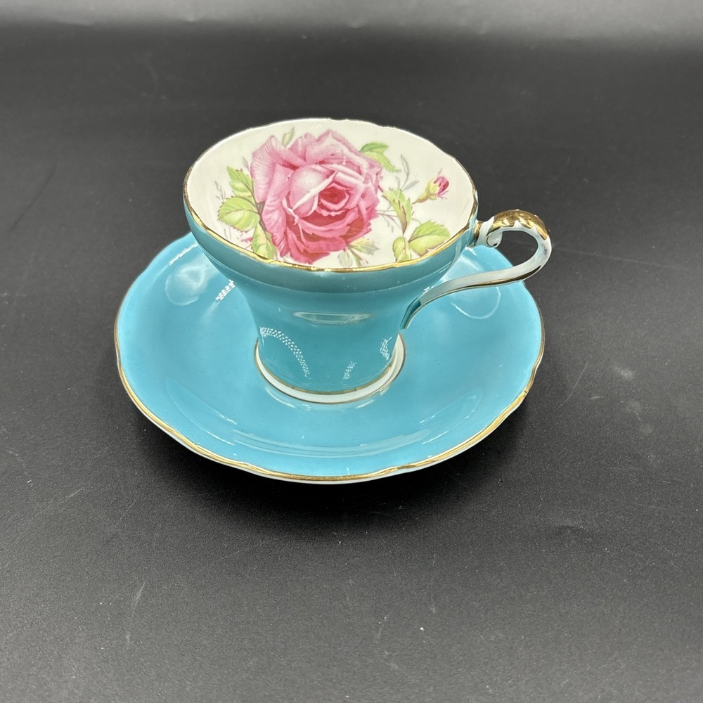 Aynsley Bone China Turquoise Pink Cabbage Rose Teacup & Saucer Set - England